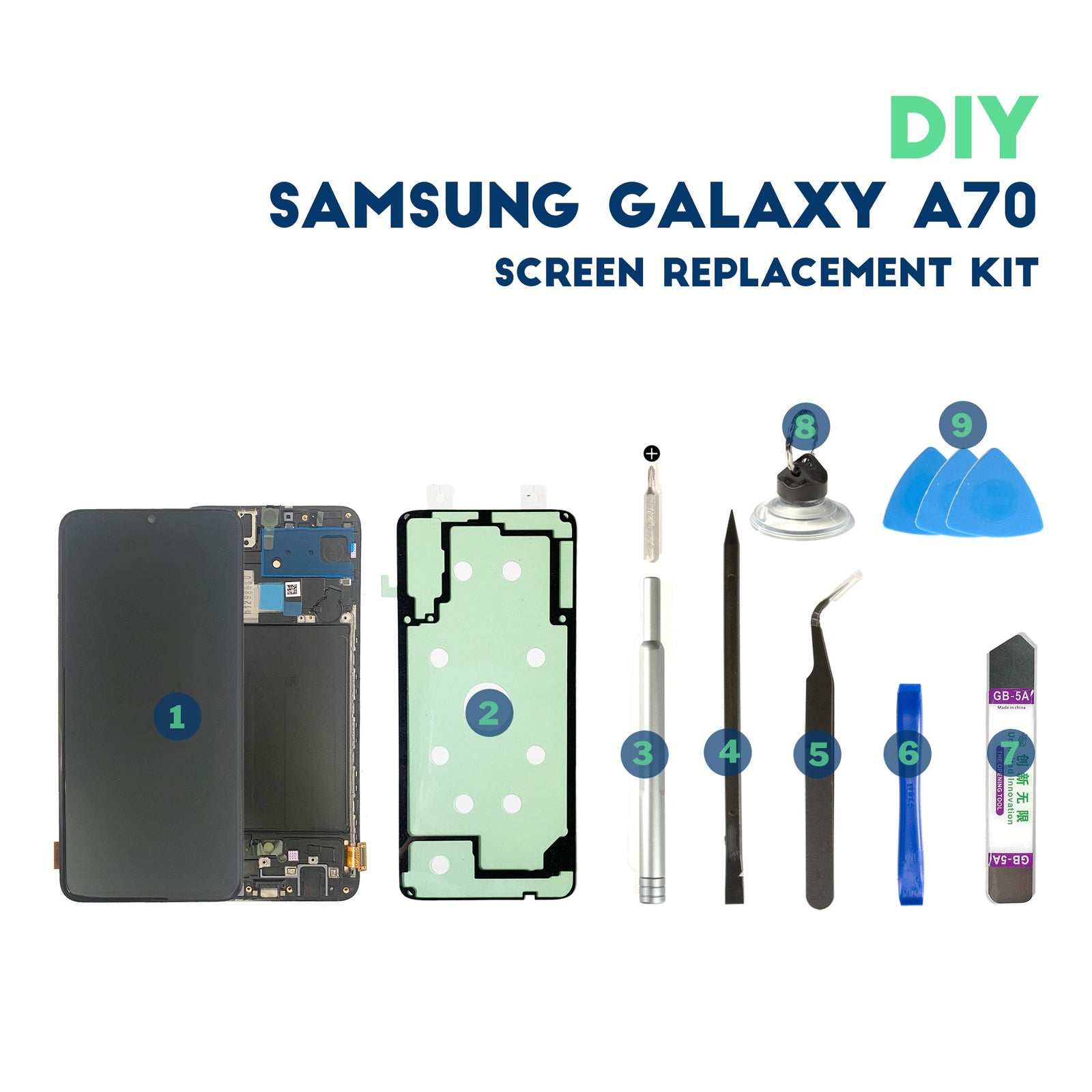 Image showcasing Samsung Galaxy A70 DIY LCD Screen Repair Replacement Kit - Fixo