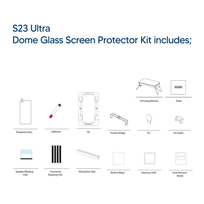 Samsung Galaxy S23 Ultra Dome Glass Screen Protector Kit Components